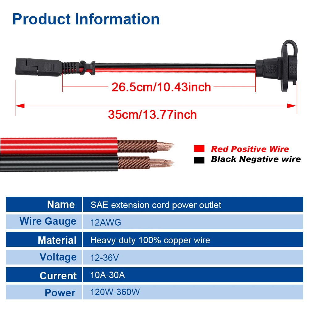 12AWG Quick Connector Harness Waterproof SAE Extension Cord Sidewall Port for Solar Panel Generator Battery Charger 30CM