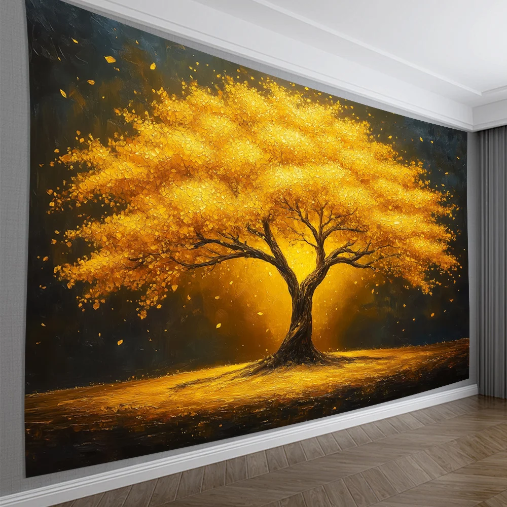 Golden Tree of Life Tapestry, Shimmering Autumn Leaves Tree on Dark Background Art Wall Hanging for Bedroom Living Room Decor