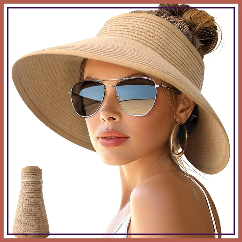 

Wide Brim Roll-Up Beach Ponytail Hat Packable Foldable Travel Straw Visor Sun Hats for Women