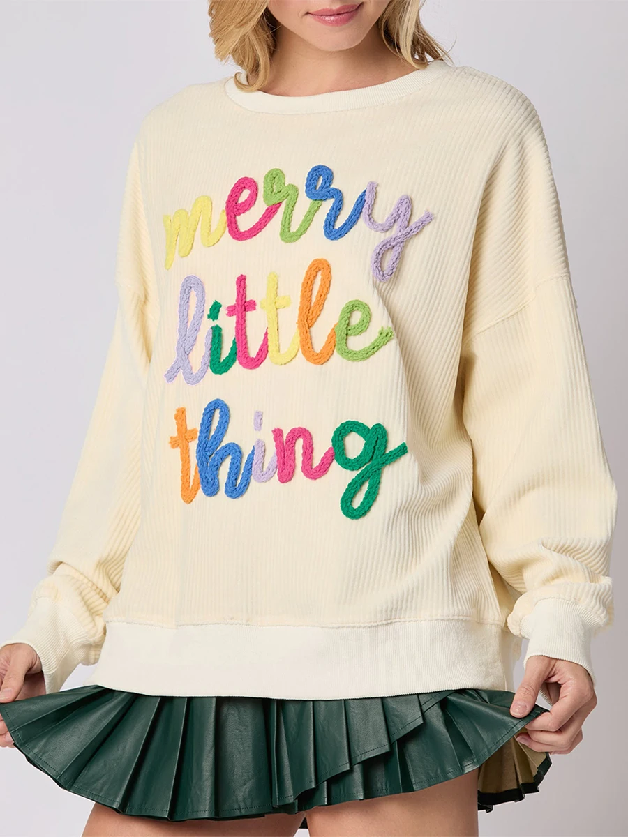 Women s Spring Autumn Loose Sweatshirt Long Sleeve Round Neck Letter Embroidery Pullover