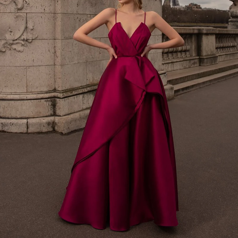 

Customized Temperament Sweetheart Spaghetti Straps Evening Dress Modern A-Line Satin Pleats Burgundy Party Gown платье вечернее