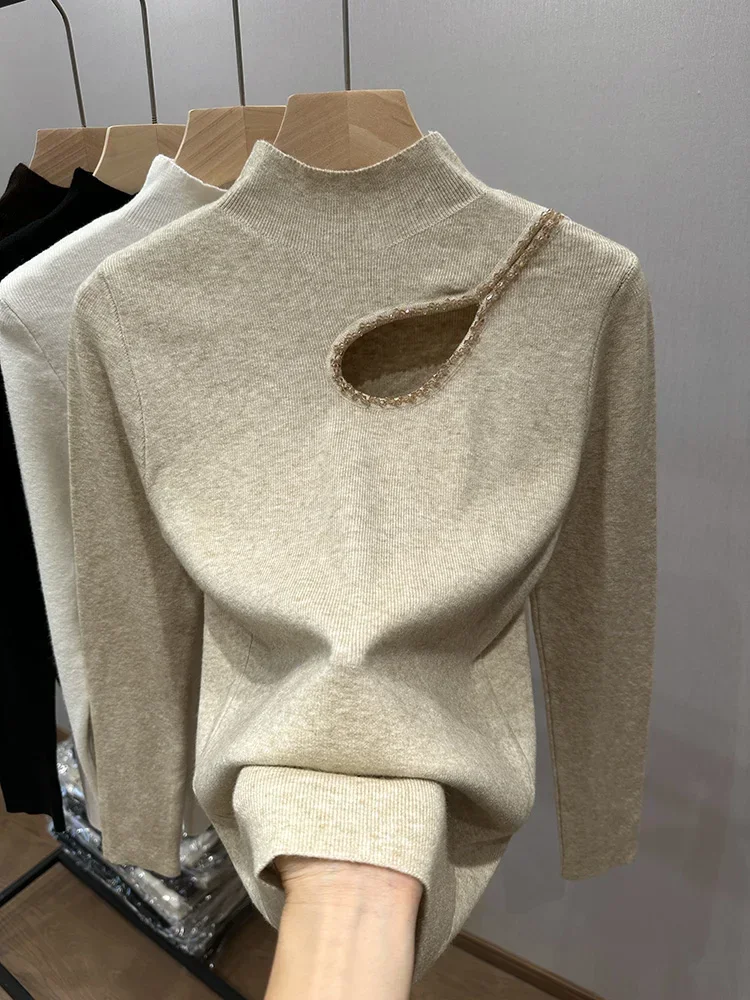 Stylish Korean Style Pullover Sweater with Semi High Neck, French Hollow Out, Thermal and Sexy Design for Office Ladies