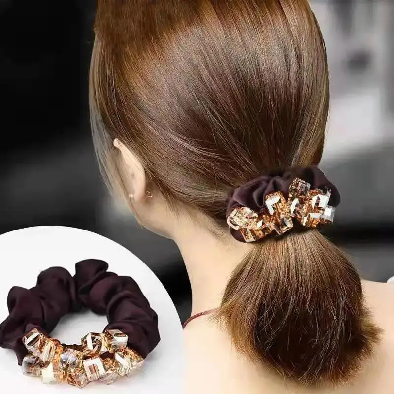 Elegante Kristall Floral Stoff Scrunchies Frauen Mädchen Elastische Haar Gummi Bands Zubehör Krawatte Haar Ring Seil Headwear Kopfschmuck