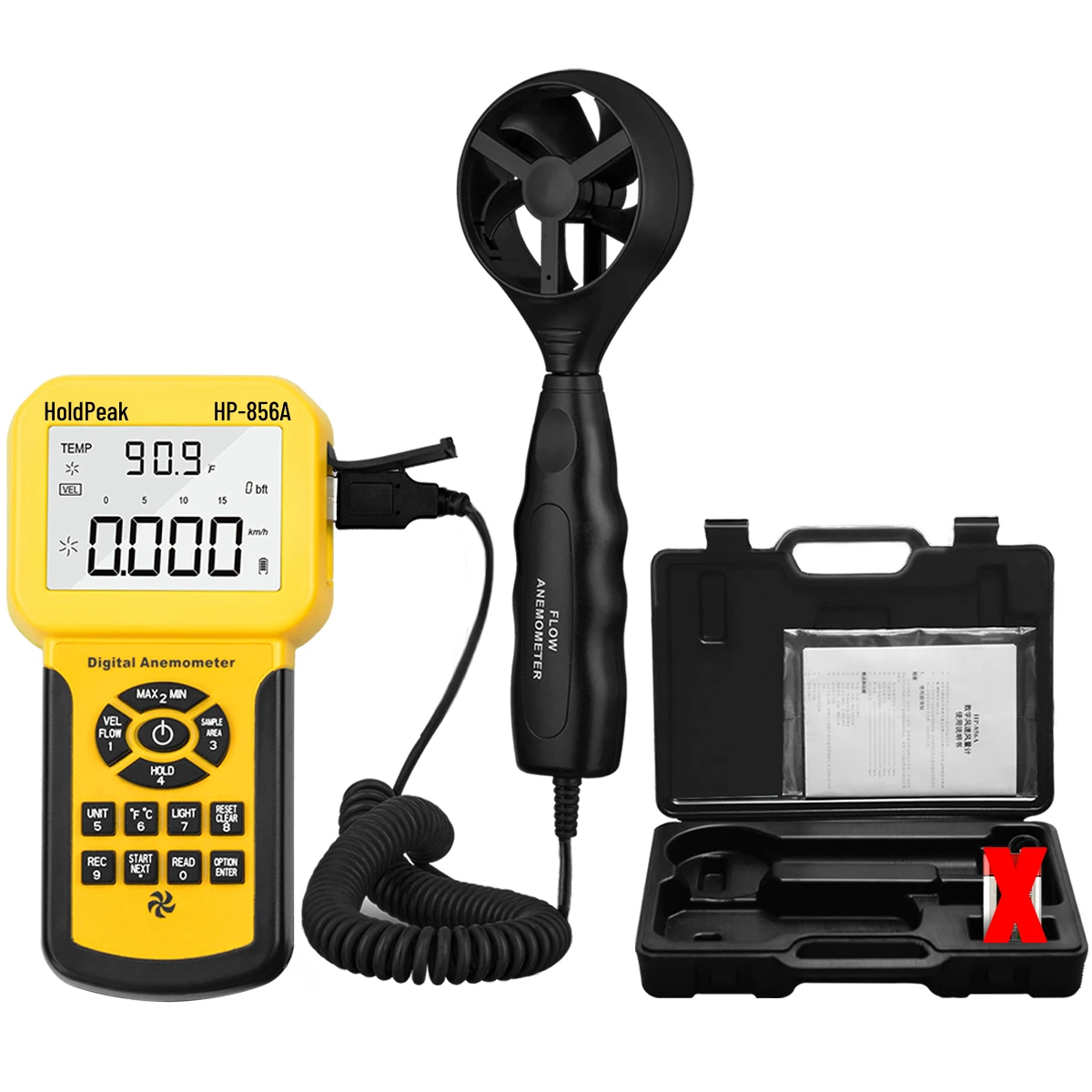 HoldPeak HP-856A Handheld CFM CMM Wind Speed Meter, Separate Anemometer Measure Air Flow Velocity Temp Gauge for HVAC with Data