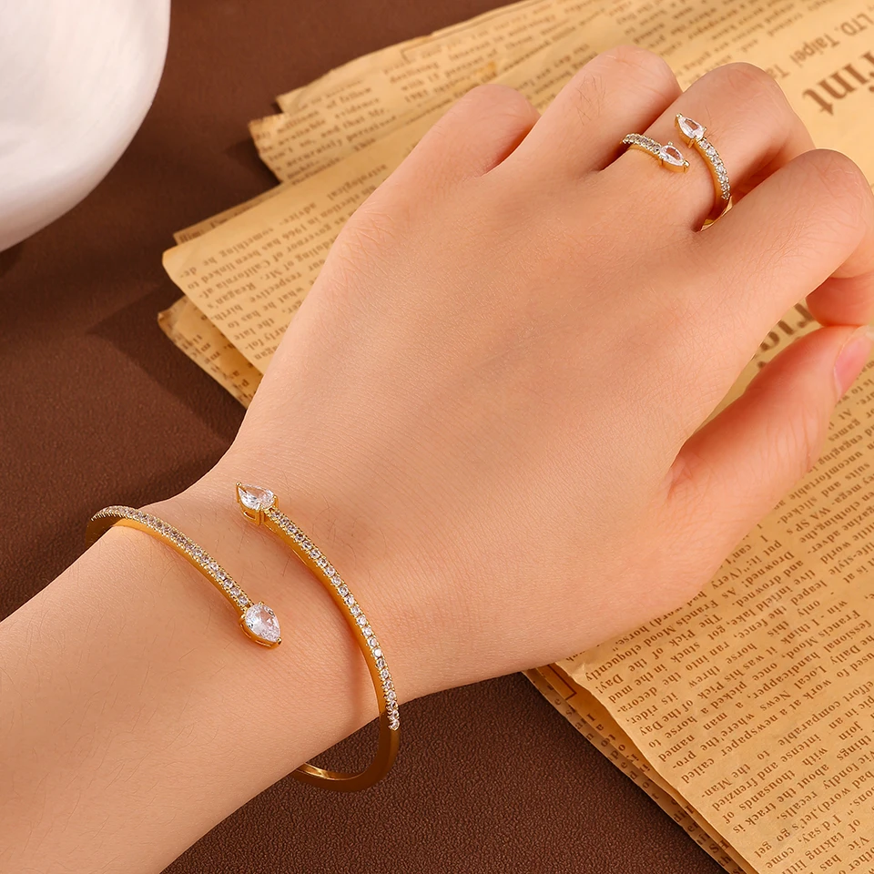 ZAKOL Silber-Gold-Farbenes Kupfer-Zirkonia-Offenes Armband-Ring-Hochzeitsschmuck-Set für Damen, Wassertropfen-CZ-Armreif-Set, Party-Geschenk – Detail 4