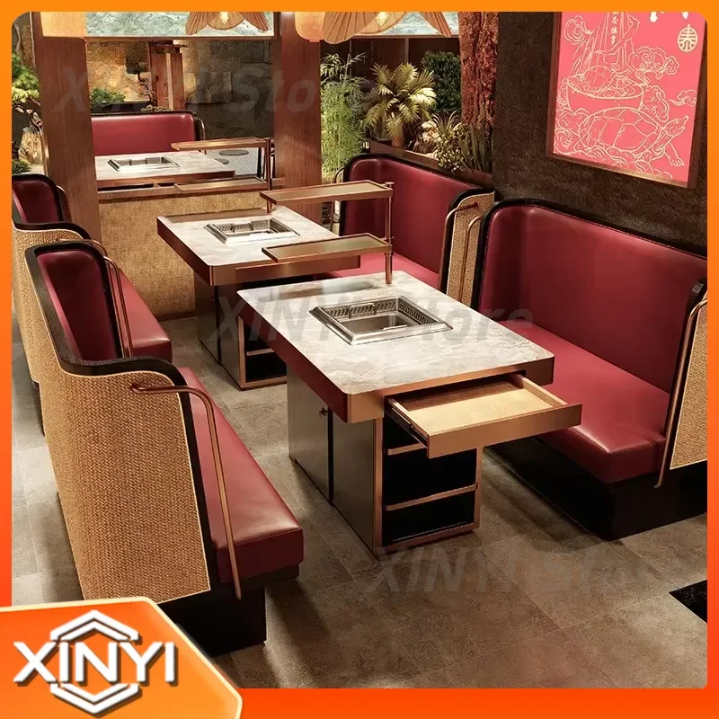 Chinese Style Restaurant Booth Sofa Set for Hot Pot Barbecue Induction Cooker Smokeless Buffet Table Chair Combination Dining