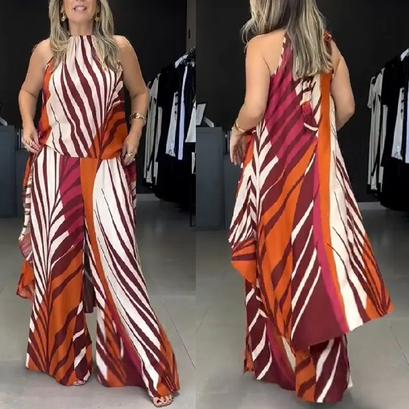 

2 Piece Sets Women's Outfit Summer Fashion Floral Print Halter Lace-Up Asymmetric Hem Top & Casual High Waist Wide Leg Pants Set