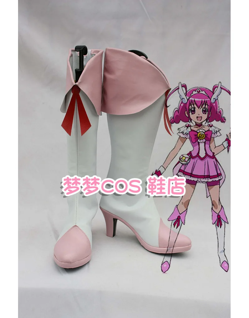 

Anime Smile PreCure! Hoshizora Miyuki Cosplay Shoes White And Pink Long PU Leather Flat Sole Boots For Halloween Carnival