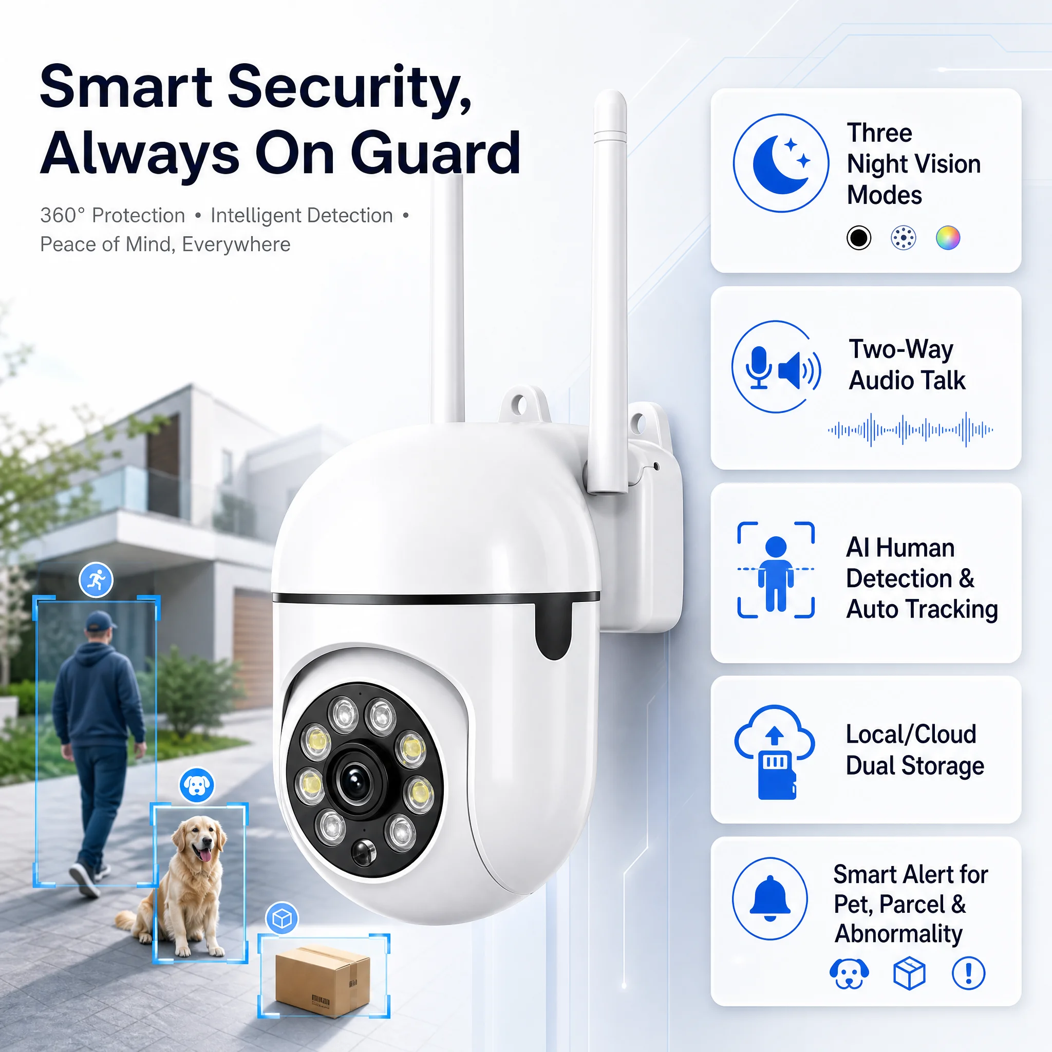 2.4G WiFi Spherical Smart Home Security Camera, 355° Panoramic Cruise, Motion Detection, Color Night Vision, Alarm Push Notifica