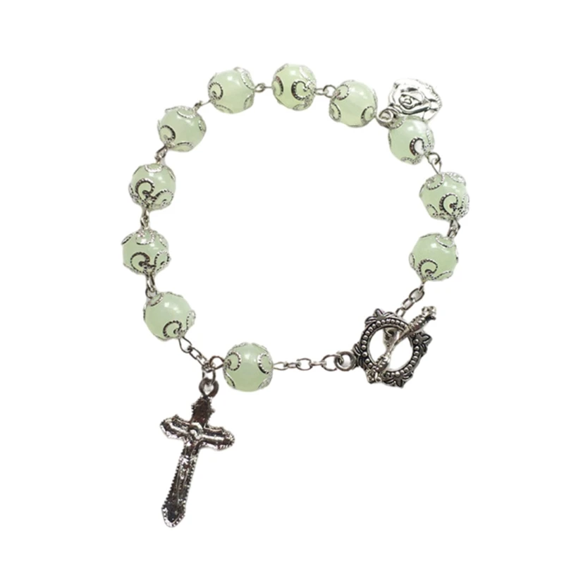 R2LE Catholic Gift Christ Luminous Bracelet Travel Protection 10MM/0.39Inch Bead Rearview Mirror Car Auto Rosary