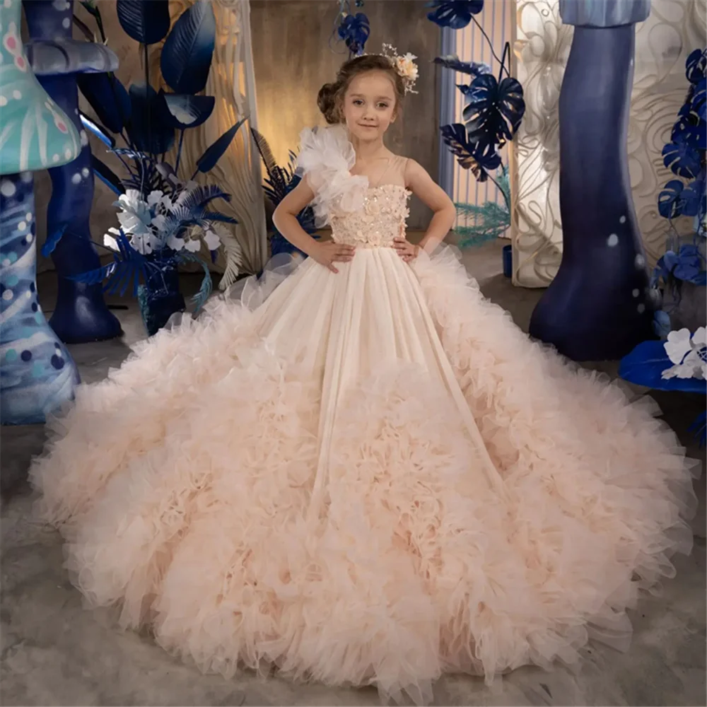 

Blush Pink Flower Girl Dress For Wedding Puffy Sequins Applique Tiered Sleeveless Kids Birthday Gowns Luxury Princess Dress
