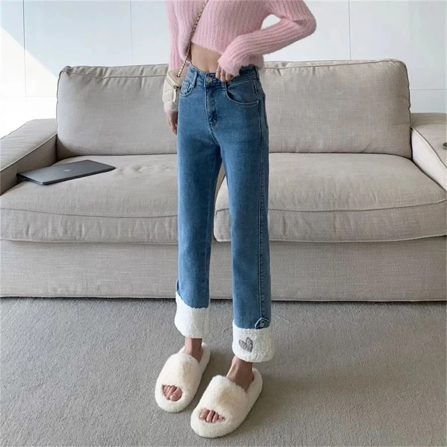 Sweet Thicken Plush y2k Jeans Women Winter Add Velvet Ankle Length Straight Vaqueros Korean Patchwork Warm High Waist Denim Pant