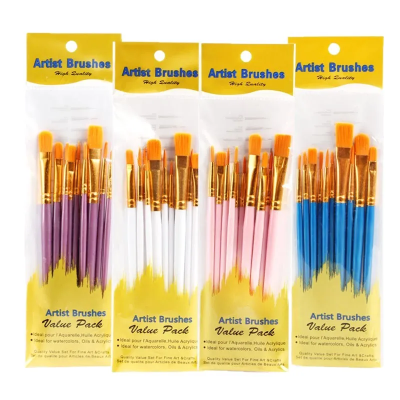 10 Stück Nylon-Künstlerpinsel mit Mehrfarbigen Griffen für Aquarell-, Öl- und Acrylmalerei, Kunst, DIY und Handwerk