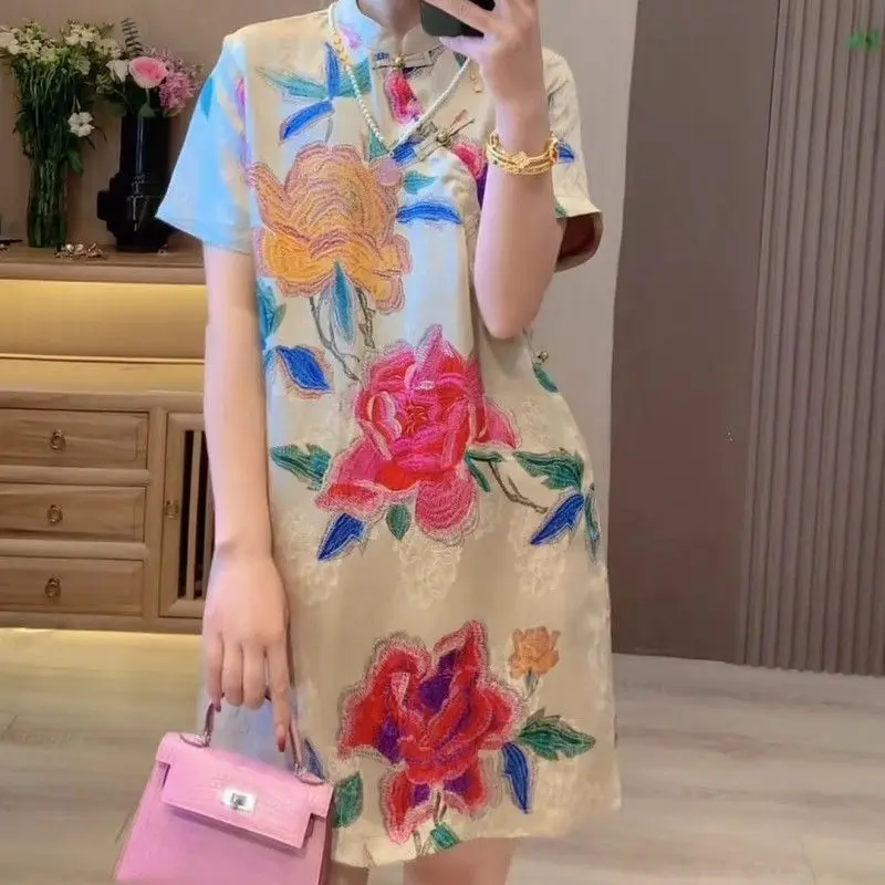 

2025 chinese retro style retro fashion printed stand collar short sleeve cheongsam dress new loose casual women summer qipao