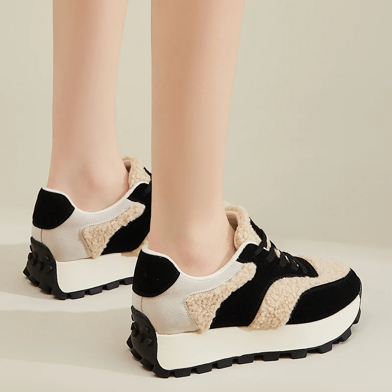 AUTUSPIN Winter Warm Sports Shoes Women New Arrival Genuine Leather Flats Platform Ladies Wool Splicing Sneakers Woman Fashion