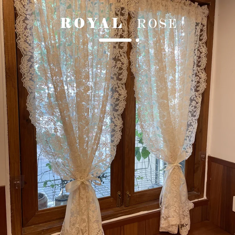 Korean Lace Embroidery Beige Gauze Curtains For Living Dining Room Bedroom Vintage Court Style Translucent Partition Half Door