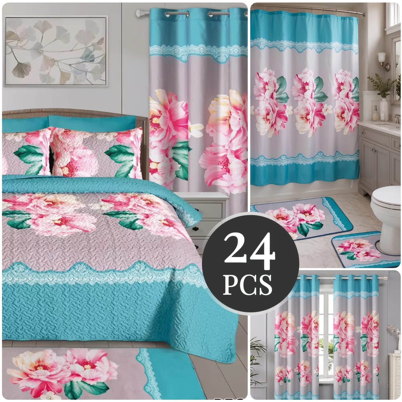 

24pcs Queen/King Bedspread & Bathroom Set with Matching Curtains, Shower Curtain, Bath & Bed Rugs - Soft Microfiber Teal & Pink Floral Suitable for Rooms, Complete Bedding