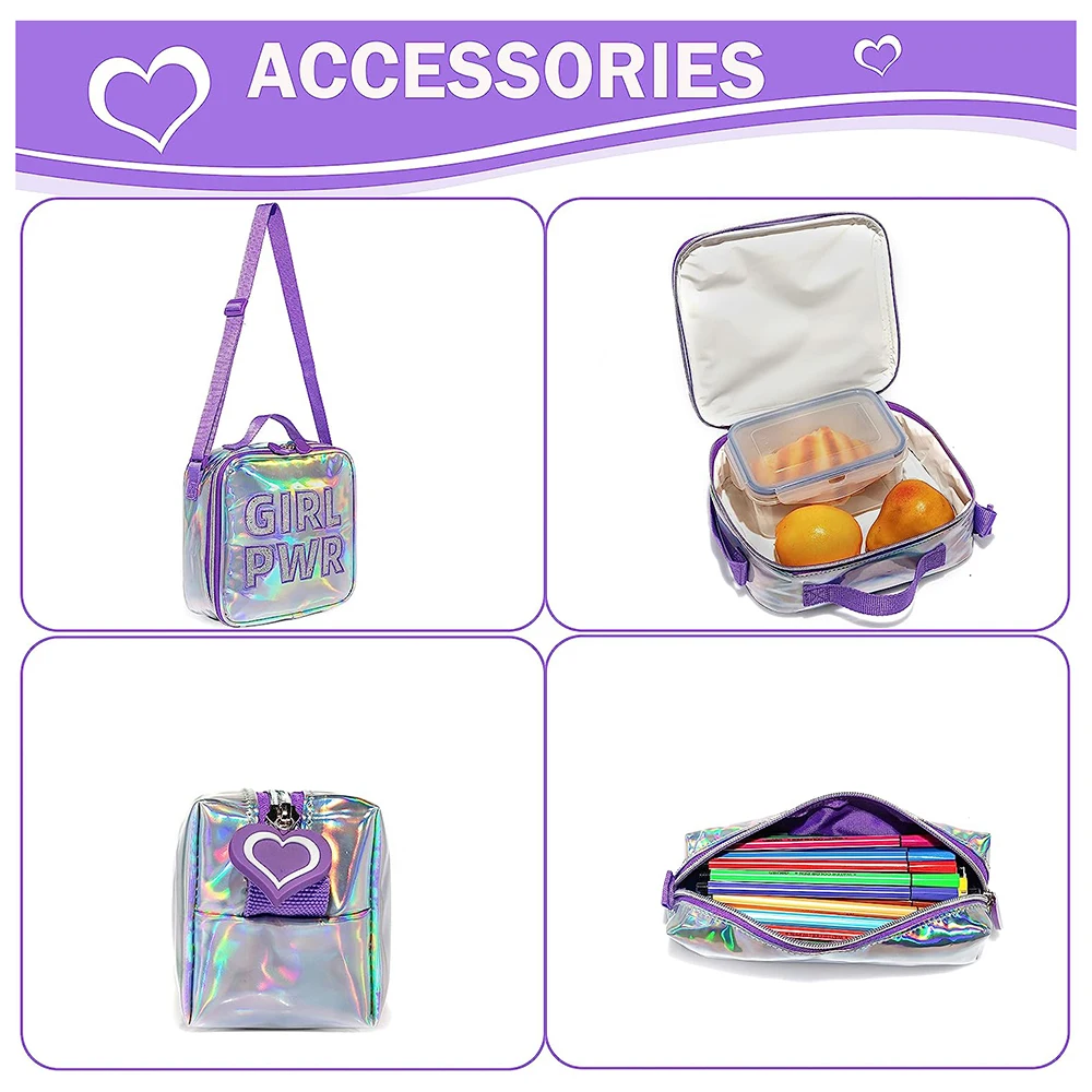 New School Backpack Girls 16 Inch Girls Backpack Sequin Backpack with Lunch Box Backpack Women Girls School Supplies Set Bags