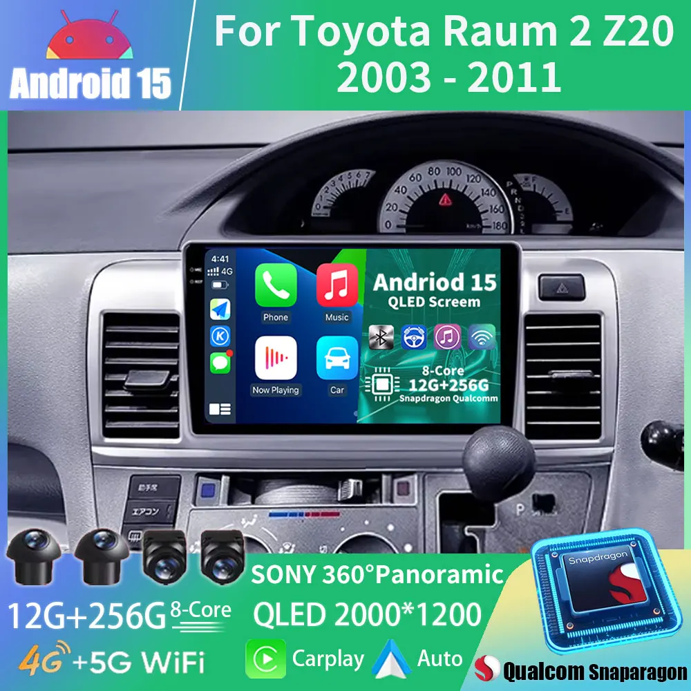 أندرويد 15 راديو السيارة لتويوتا راوم 2 Z20 2003 - 2011 RHD نظام تحديد المواقع مشغل وسائط متعددة نافي رئيس وحدة لاسلكية Carplay السيارات QLED فيديو
