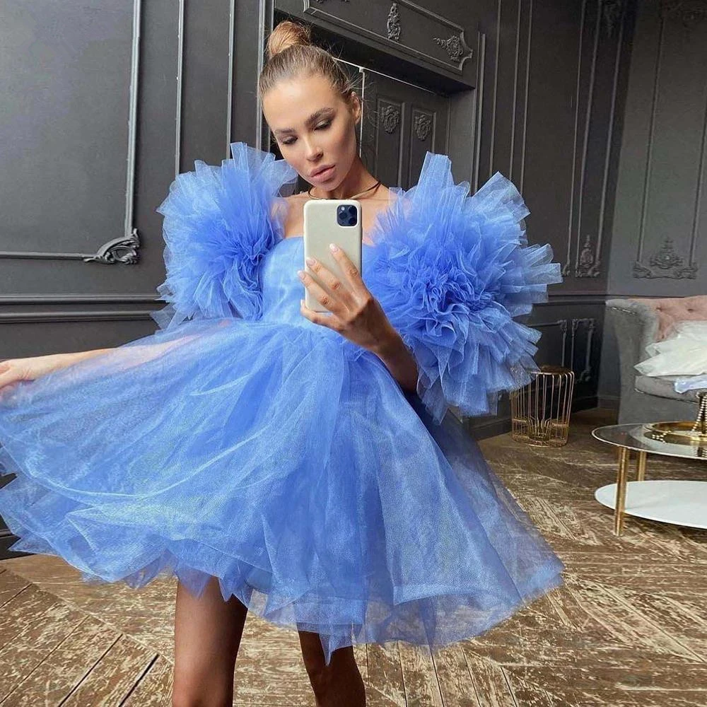 Mini robe de bal en Tulle, sans bretelles, manches à volants, au-dessus du genou, ligne a, robes de fête courtes, 2023