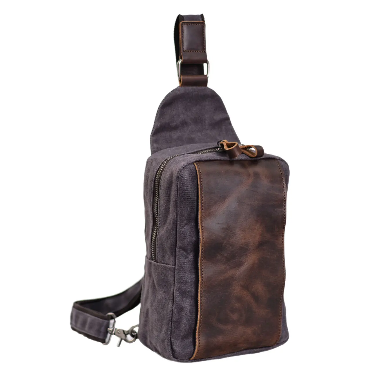 Casual Men's Vintage Waxed Canvas Chest Bag with Leather Patch Sling Backpack Durable Crossbody Shoulder Bag for Travel Hiking
