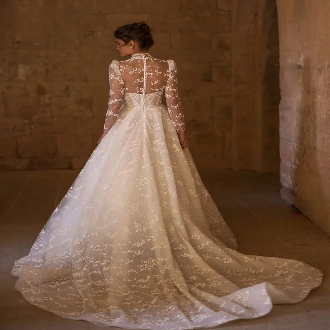 Customzied Liyuke Romance High Collar Collar A-line Wedding Dress Beading Pearls Lace Full Sleeves Bridal Gowns Vestido De Novia