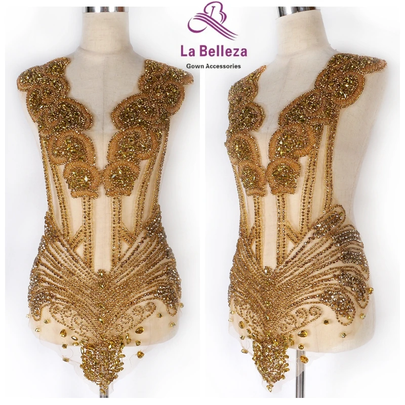 

La Belleza luxury gold rhinestone dress cut-out design patch DIY handmade beaded wedding dress dinner dress 1 piece