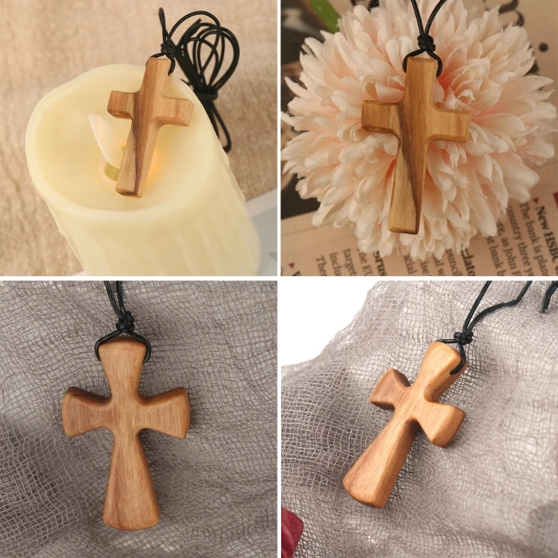 Olive Wood Pendant Long Adjustable Black Leather Rope Necklace Cross-shape Pendant Christian Gifts for Men and Women
