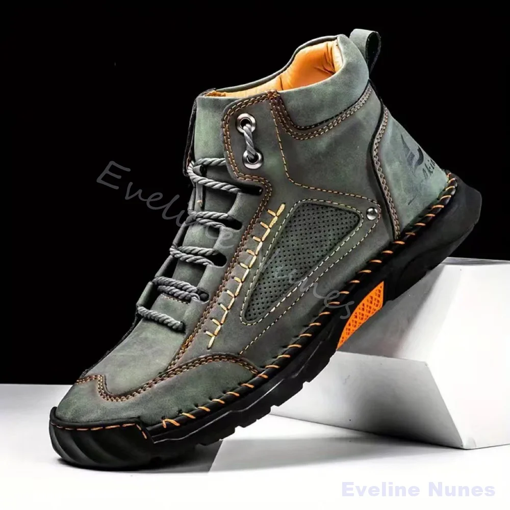 Men Brown Hand Stitched Leather Ankle Boots Round Lace Up Anti Slip Rubber Sole Outdoor Hiking Wear Resistant Casual Work Boots