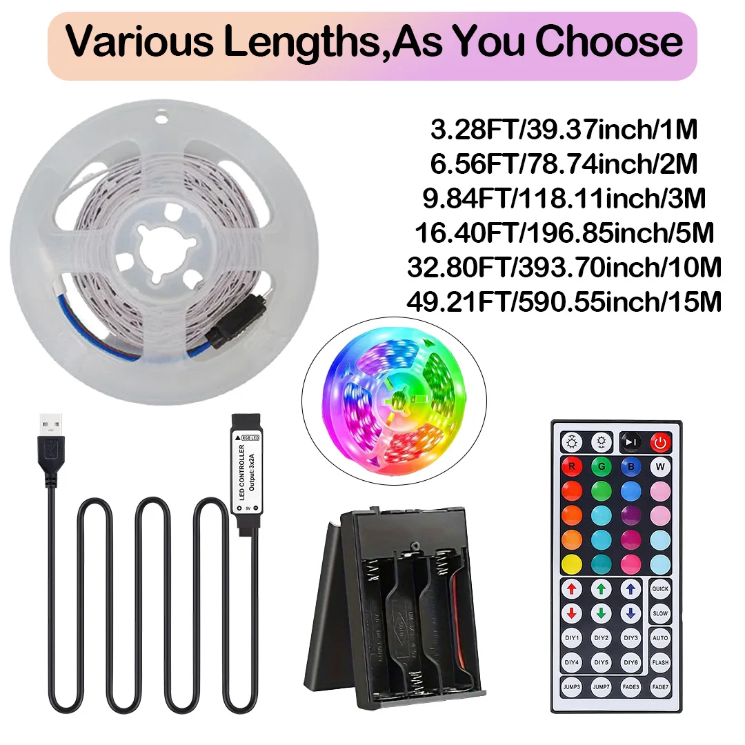 1PC 5V Battery Box LED Strip Light with IR 44-Key Remote Control-Cuttable SMD3535 RGB Light Strip for Bedroom,Living Room, Home