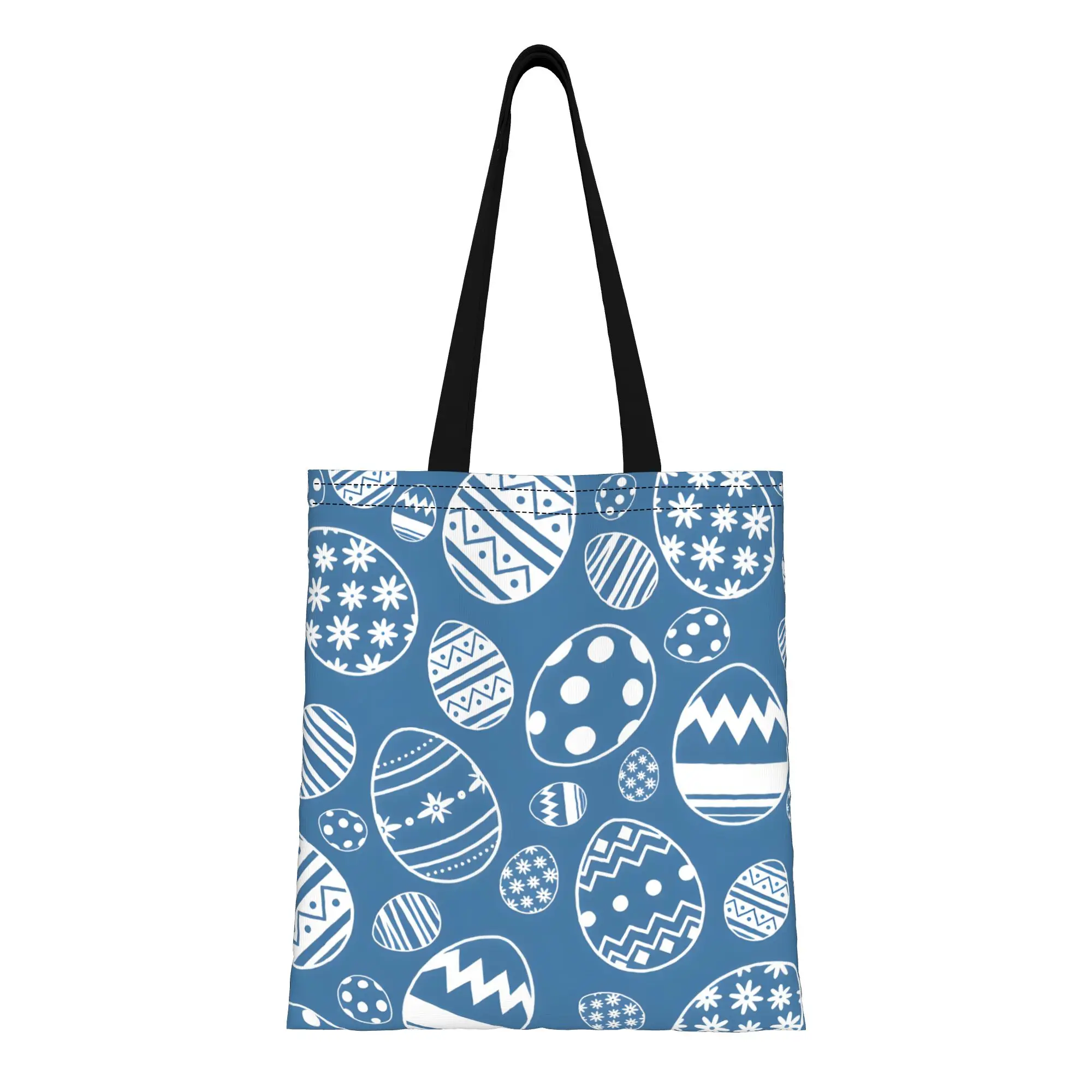 1PC Large Capacity Blue Eggs Easter Bunny Vibes Canvas Tote Bag Foldable Chic Pattern No Closed Design
