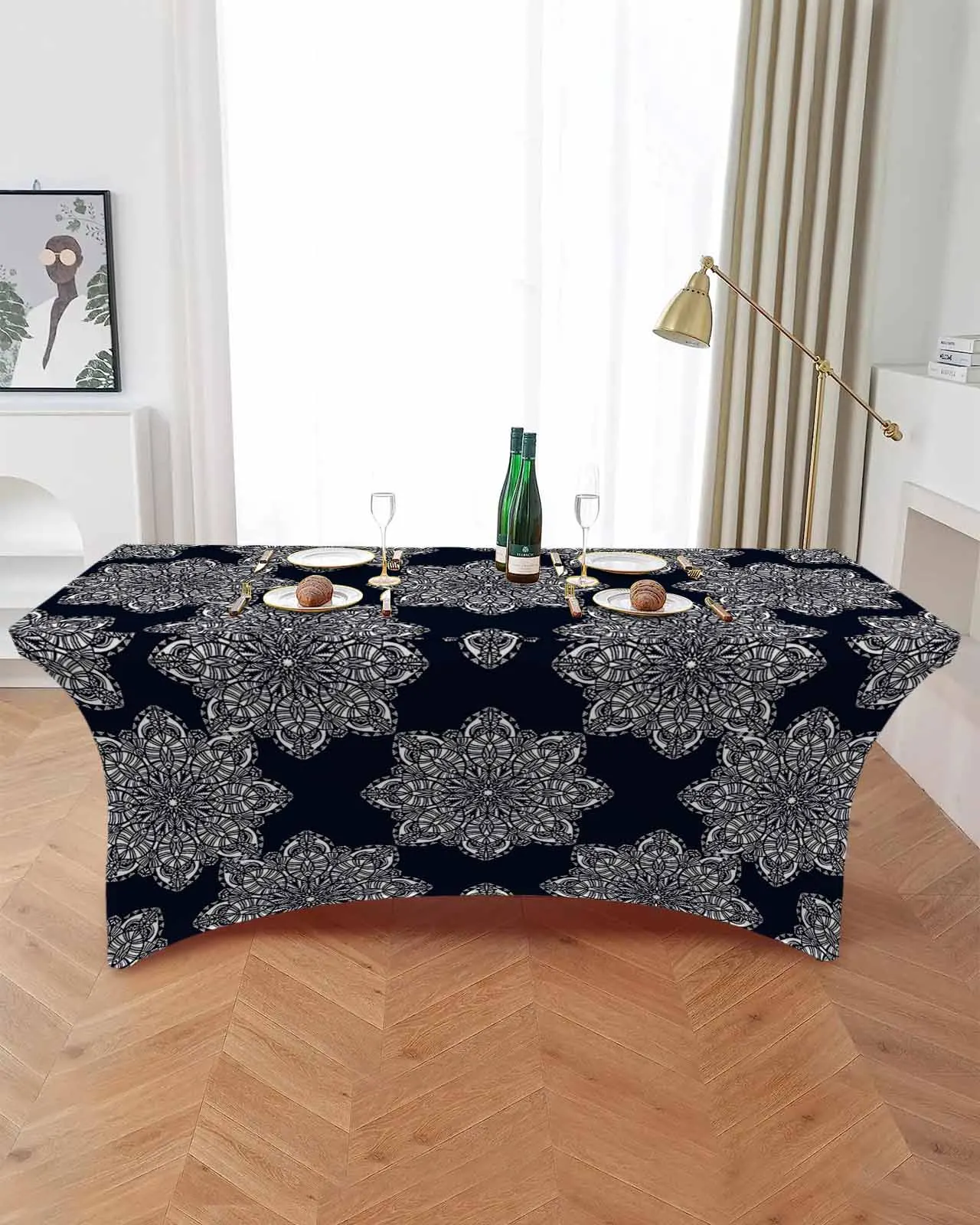 Mandala Abstract Flower Elastic Table Skirt Wedding Birthday Table Decoration Table Skirt Tablecloth for Party