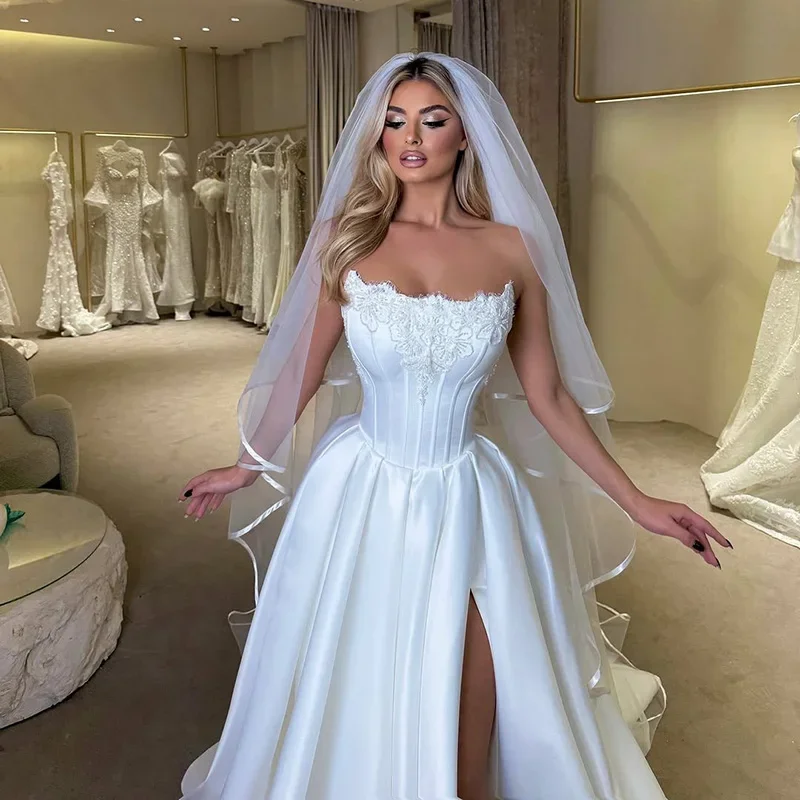 Elegant A-Line Wedding Dresses Strapless Side Slit Bridal Dress Women Appliques Wedding Prom Vestidos De Novia Customized