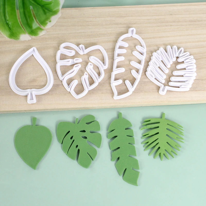 4Pcs Leaf Biscuit Mold Plastic Cookie Plunger Cutter Pastry Decorating DIY Food Fondant Baking Mould Tropical Leaves Embossing