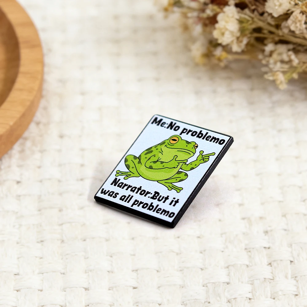 Lustiger Frosch Emaille-Pin „Me: No Problemo“ Erzähler: „Aber es war alles Problemo“ Sarkasmus Gen Z Virales Meme Anstecknadel Accessoire Schmuck – Detail 6