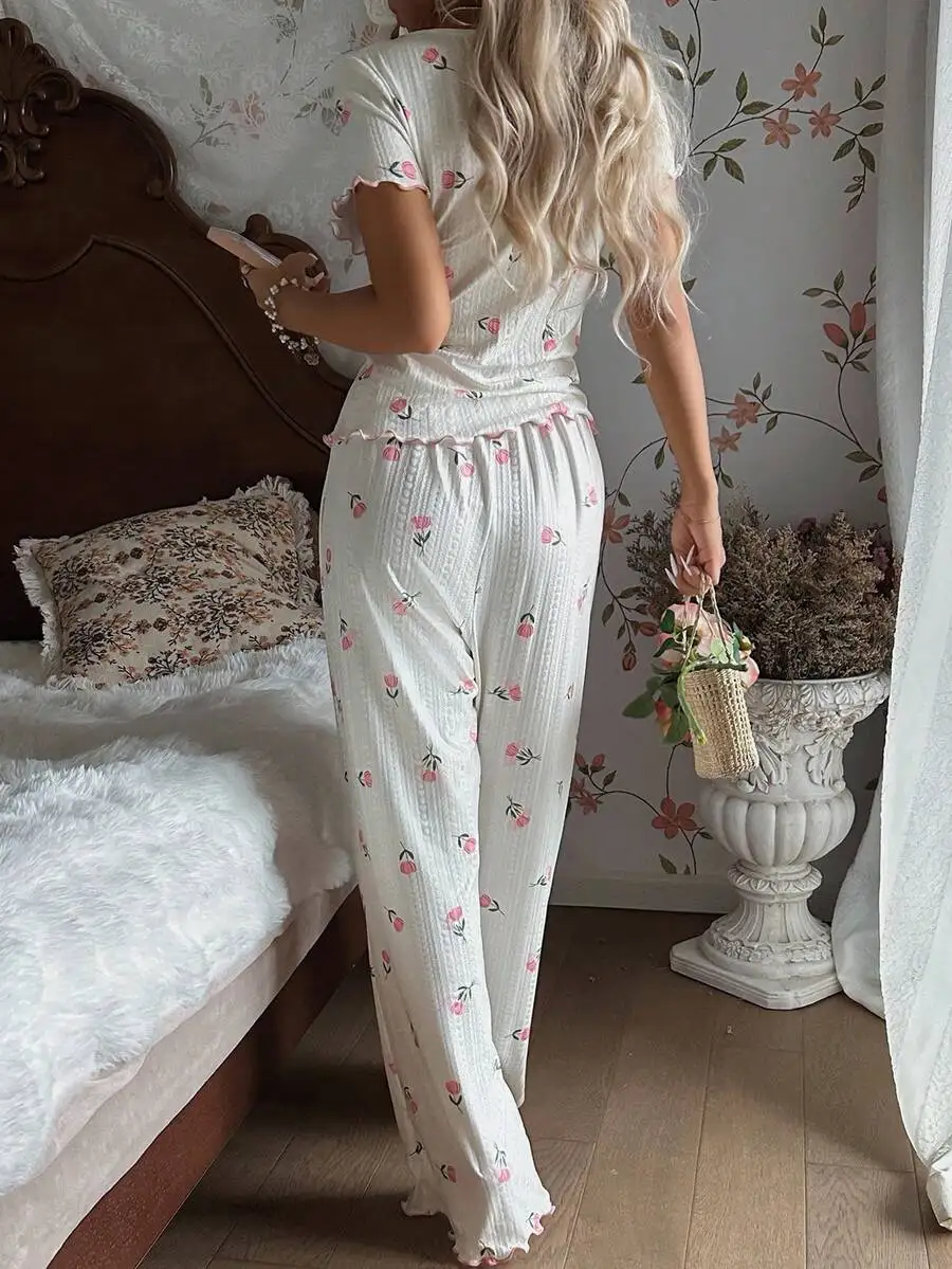 

Floral Print Ruffle Trim Pajama Set Women Comfortable Casual Sleepwear