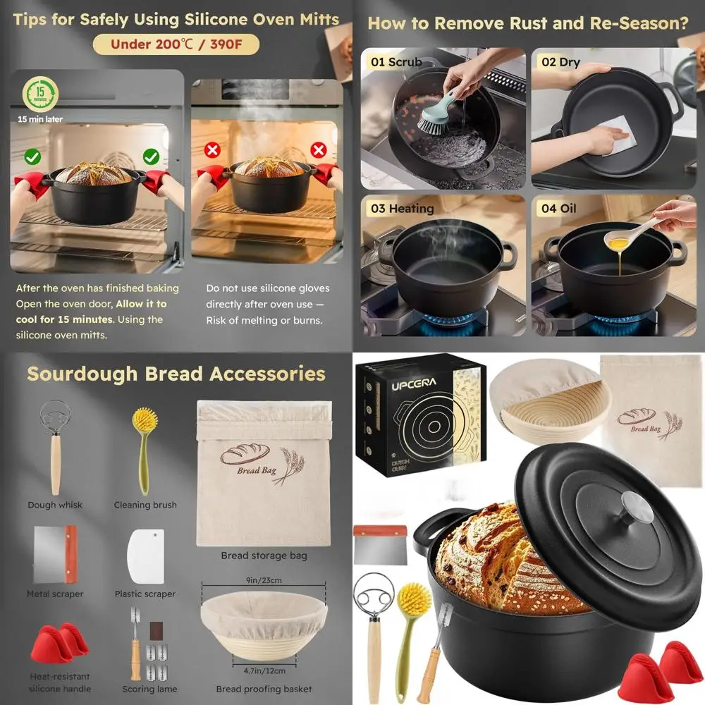 

Cast Iron Dutch Oven for Bread Baking and Proofing, Complete Starter Kit with Lame and Tools, Perfect Gift for Bread Makers