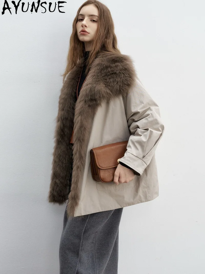 AYUNSUE Real Mink Fur Collar Womens Winter Clothes 90% White Goose Down Liner Short Parka Loose Fit Fashion Abrigos De Mujer