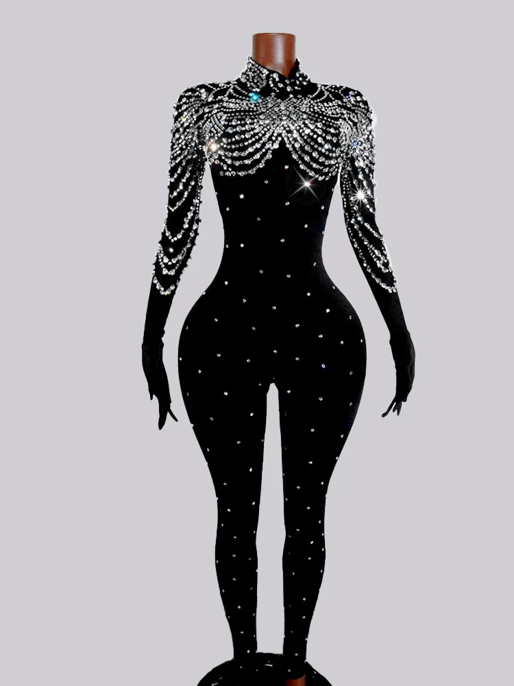 

Sparkle Rhinestones All Black Jumpsuits Long Sleeve Singer Satge Costume Dancer Show Evening Party Festival Clothes Drag Queen