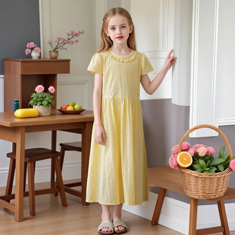 

Girls White Dot Midi Dress - Short Puff Sleeve Ruffle Neck A-Line Casual Sundress for Kids 6-14Y Breathable Cotton Summer Dress