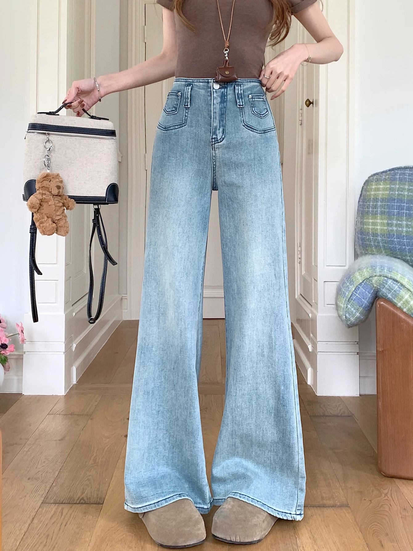 

Retro American Washed Blue Jeans Women's High Waist Slimming Micro Flare Pants Summer Casual Style Blue Denim Skinnies
