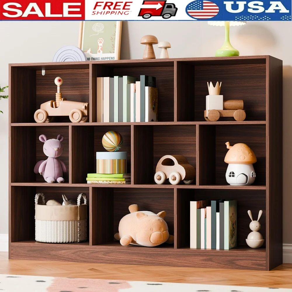 

47 Inch Wooden Cube Storage Organizer Bookshelf with 10 Open Shelves Home Office Living Room Durable and Safe Design