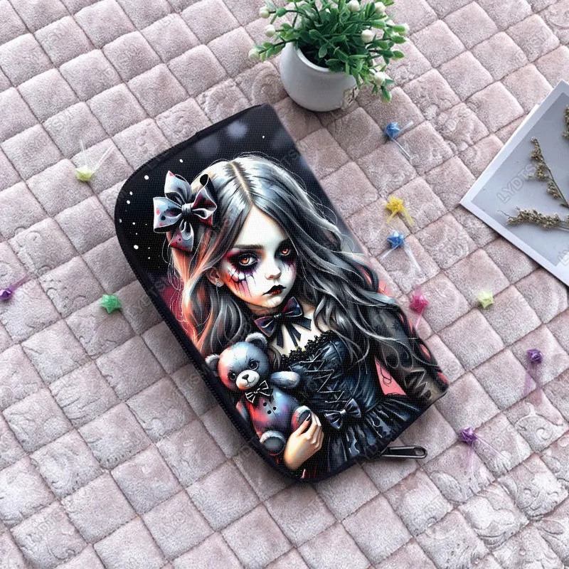 Cartoon Gothic Girl and Bear Doll Print Wallet Goth Girls Coin Money Bags Cute Key Credit Card Organizer Long Small Clutch Gift