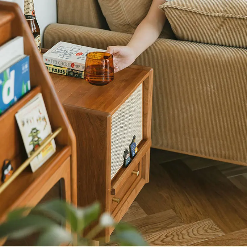 

Solid Wood Nightstand Japanese Rattan Bedside Table with Drawer Narrow Storage Cabinet for Small Space Bedroom Furniture