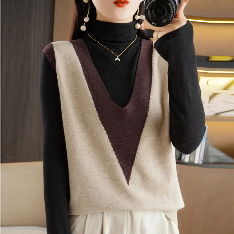 Moda Otoño Invierno suéter nuevo suelto cuello pico Color bloqueado sin mangas pulóver elegante temperamento camisa de punto suelta chaleco