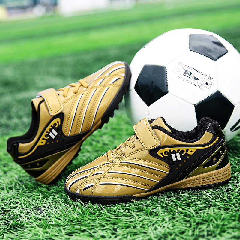 

Fashion Gold Children's Football Shoes Outdoor Non-slip Turf Soccer Shoes Kids HOOK&LOOP Low-cut Sports Sneakers Child Trainers