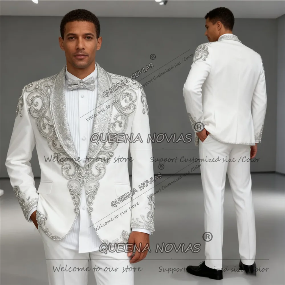 

Блестящие костюмы с кристаллами из бисера, мужские костюмы для свадьбы, комплект из 2 предметов, блейзеры для выпускного вечера с блестками и лацканами, мужские смокинги для деловой вечеринки по индивидуальному заказу