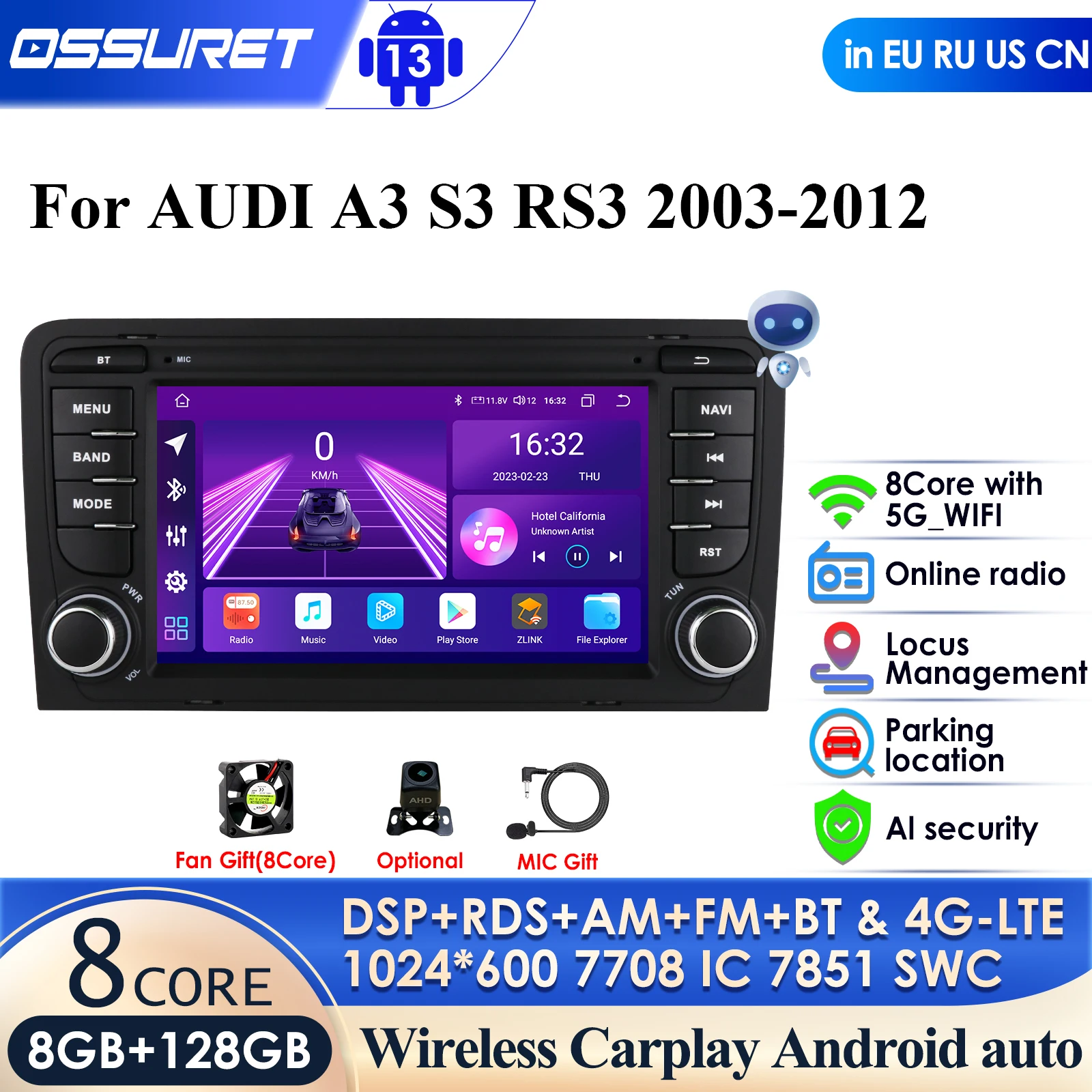 

7862 Smart System 2din Android Car Radio Multimedia Video Player for Audi RS3 Sportback A3 8P S3 GPS Carplay 4G WIFI DSP Stereo