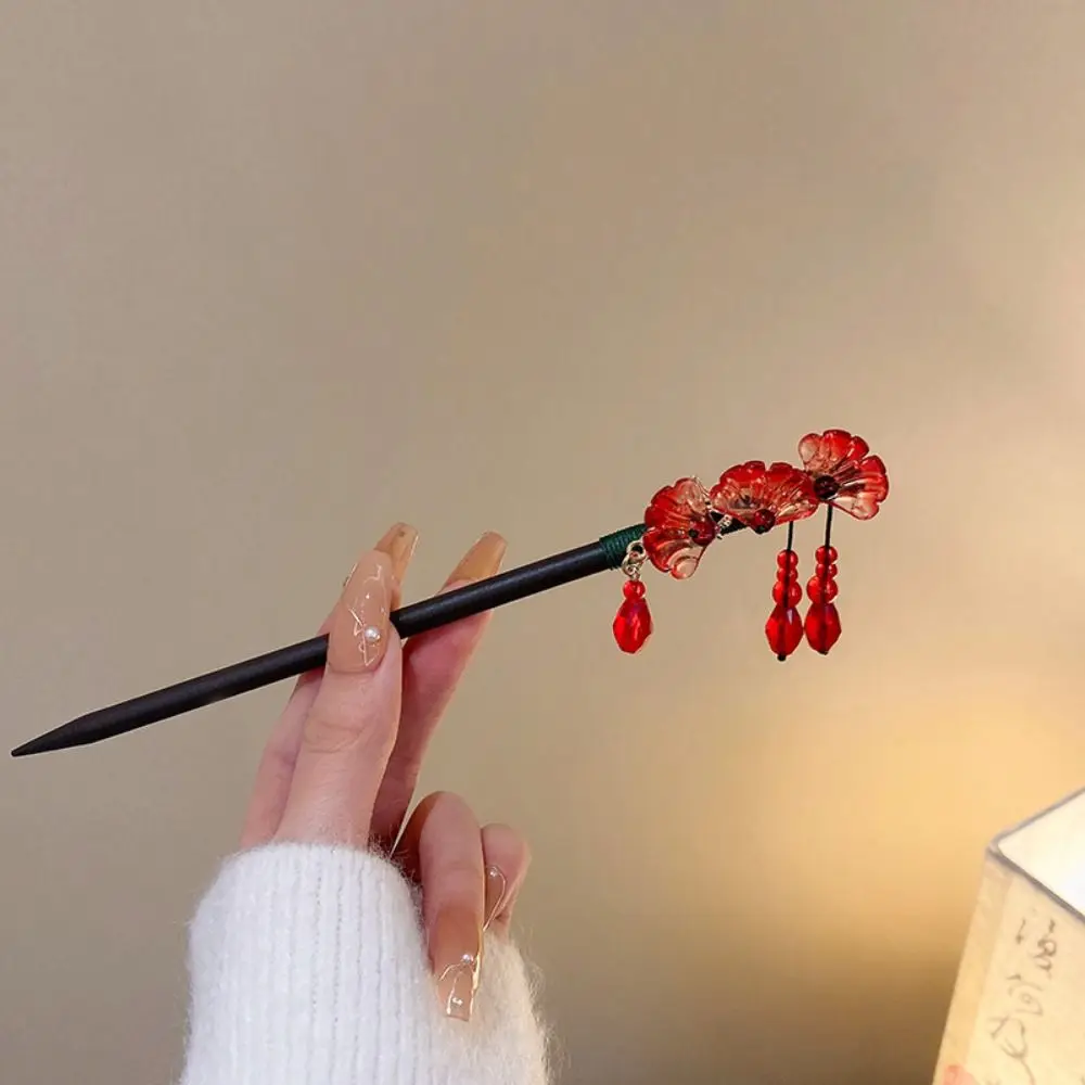 Vintage Retro Red Hair Stick Fashion Ancient Style Red Rose Fringe Hairpin Multifunction Senior Sense Chinese Hairpin Headwear