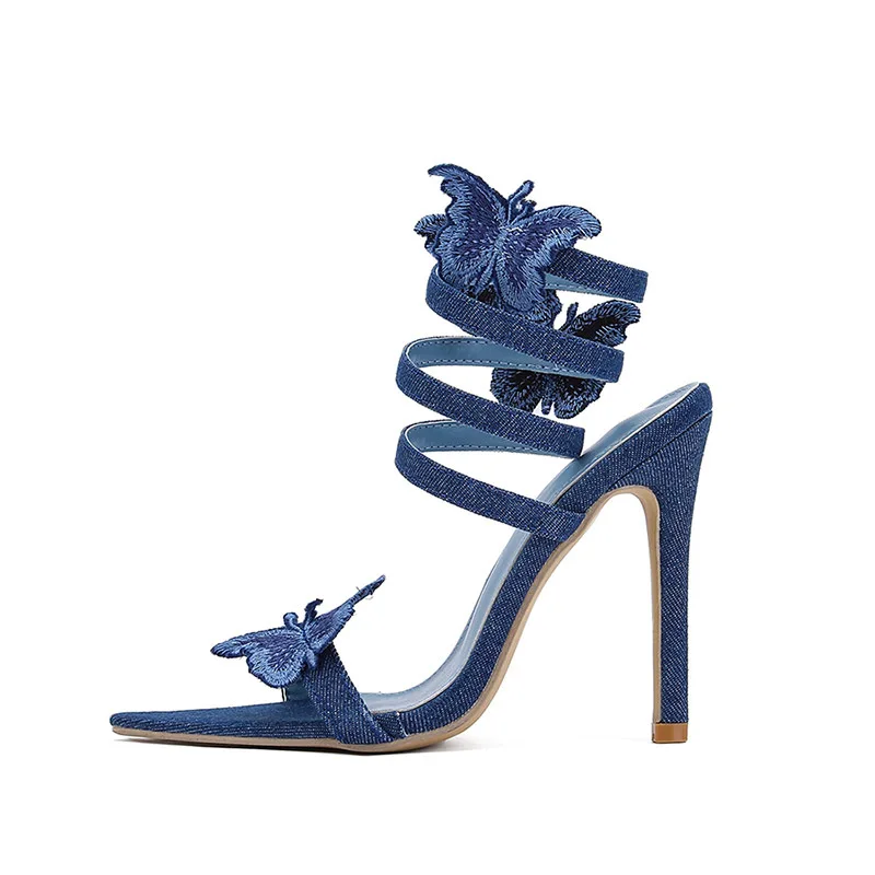 Sexy Denim ricamo farfalla nodo sottile tacchi alti sandali donna punta a punta a forma di serpente scarpe da festa con spalline alla caviglia blu